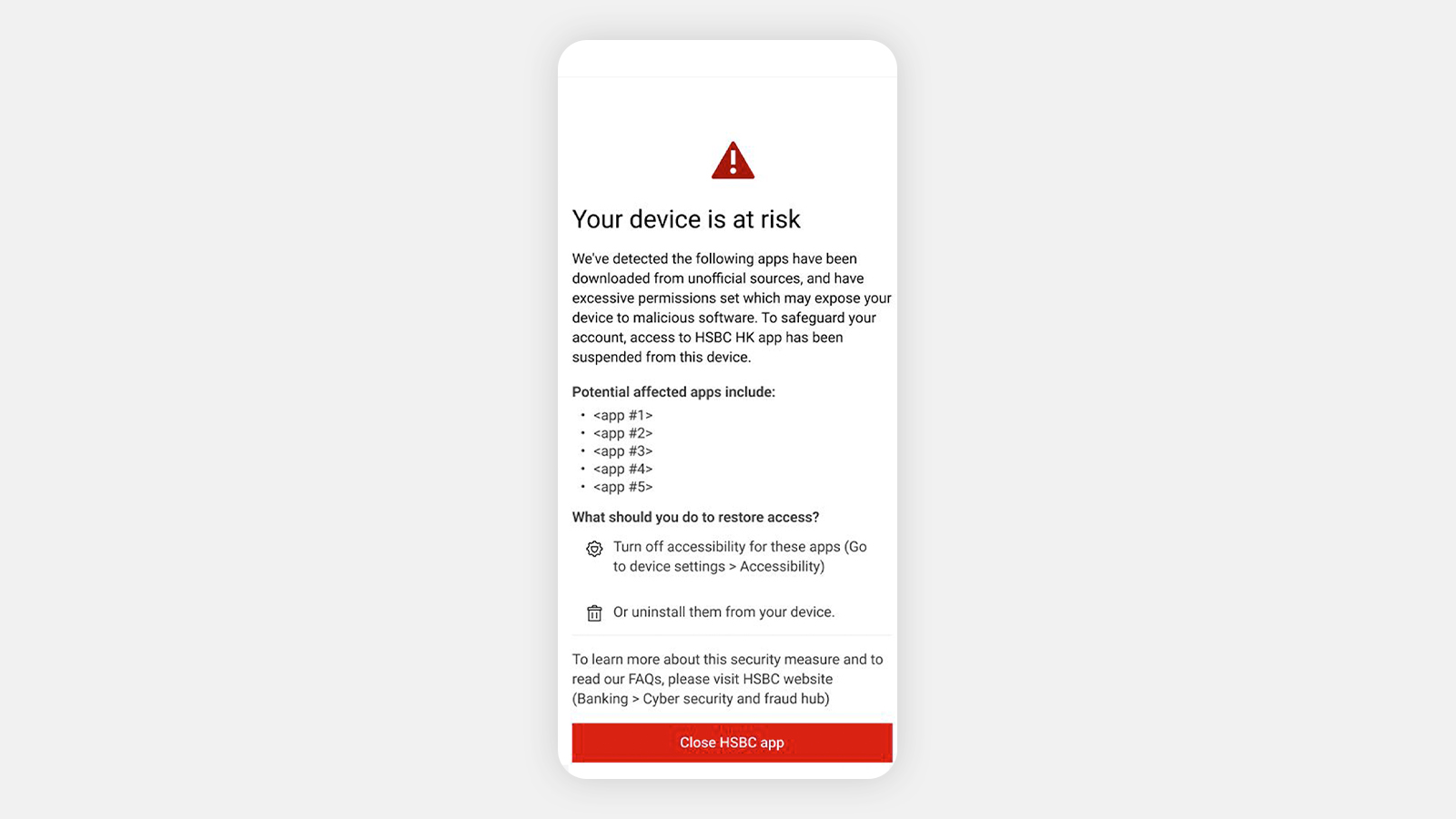 The screen with a red warning icon and the heading "Your device is at risk"