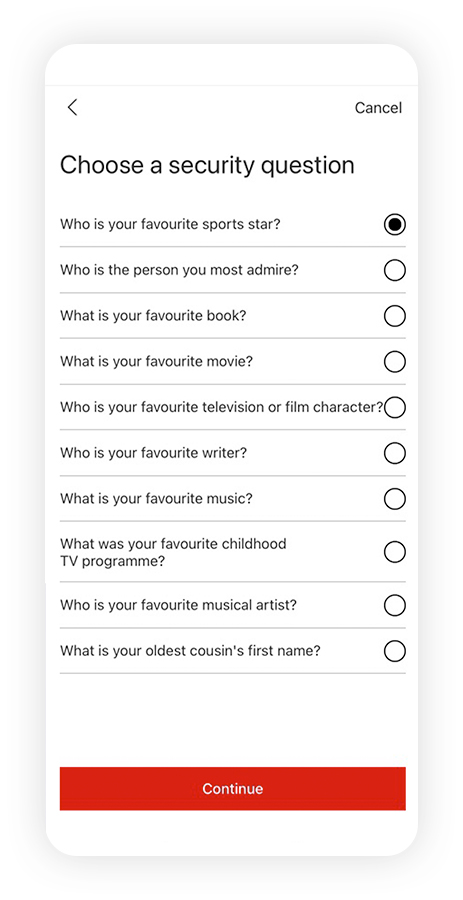 The page for choosing a security question